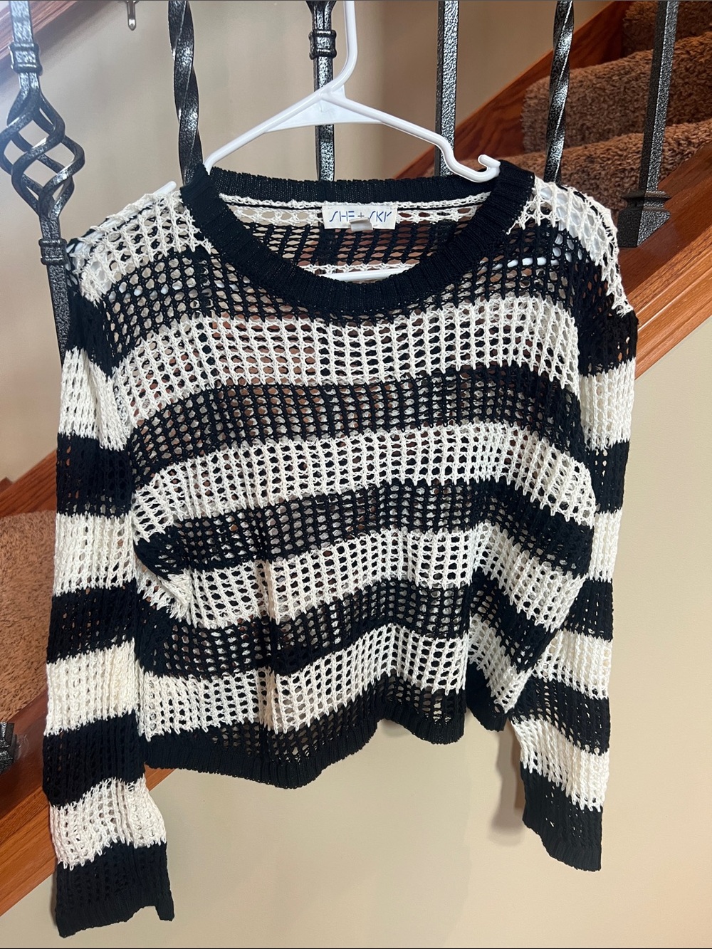 Black & White Striped Open Knit Sweater cropped shorter length